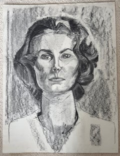Étude de portrait féminin moderniste française au fusain et au crayon, XXe siècle
