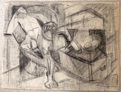 Kubistischer, liegender männlicher Akt in einem Innenraum – französische modernistische Kohlezeichnung
