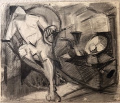 Dessin au fusain d'un nu masculin cubiste allongé dans un intérieur, style moderniste français