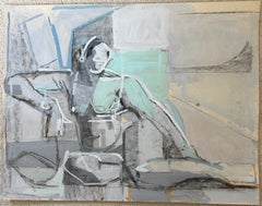 Figura femminile seduta in stile cubista turchese – Dipinto a guazzo del modernismo francese