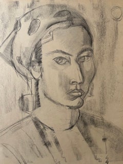 Portrait d'une femme moderniste française portant un foulard – Dessin au fusain et au crayon