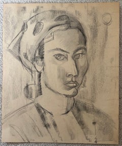 Portrait d'une femme moderniste française portant un foulard – Dessin au fusain et au crayon