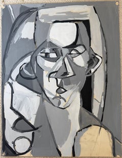 Türkisfarbenes kubistisches Gouache-Gemälde einer sitzenden Frauenfigur aus der französischen Moderne