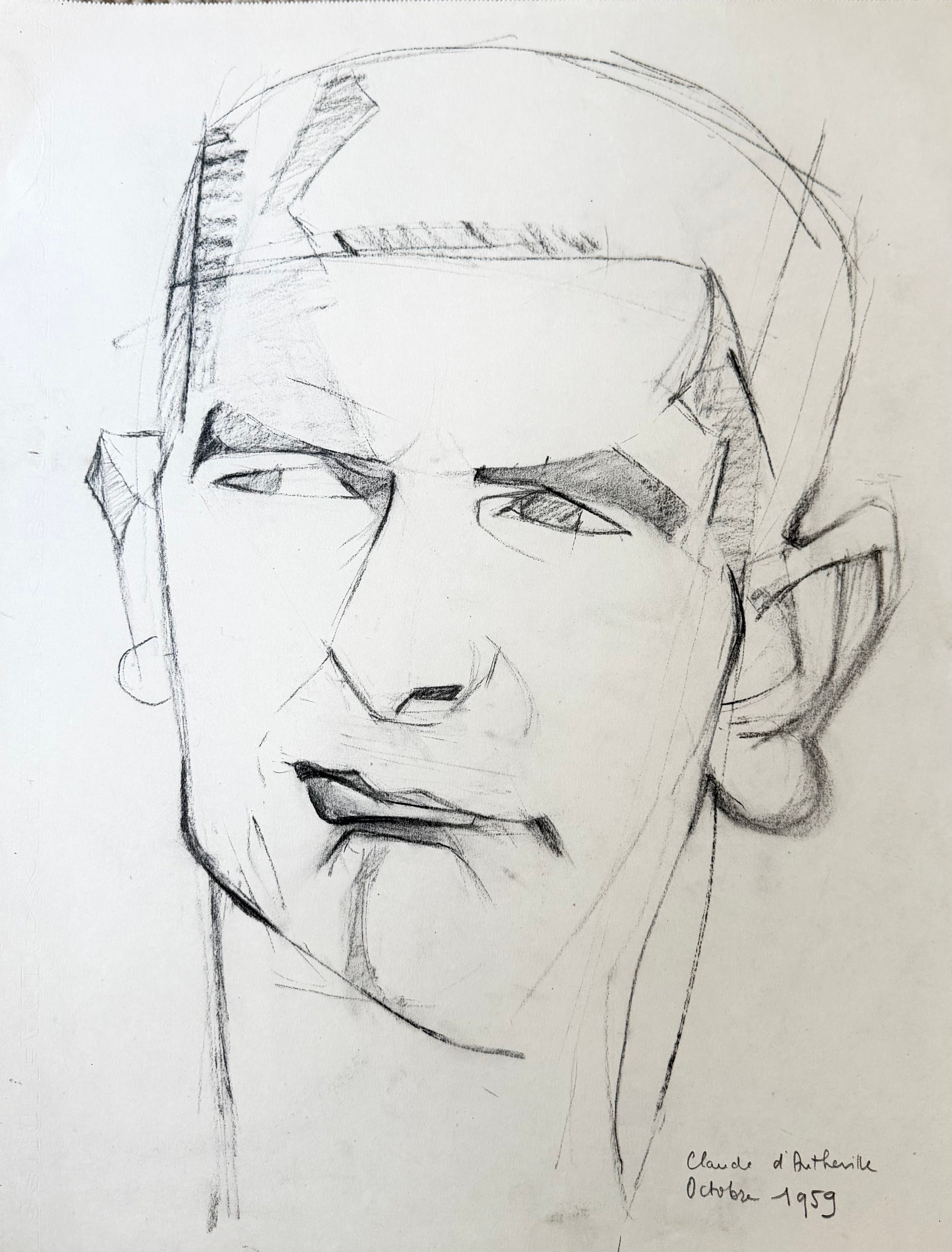 Ritratto di un gentiluomo: disegno a matita in stile cubista modernista francese