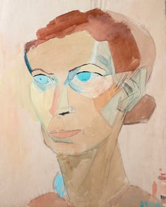 Portrait cubiste d'une femme aux yeux bleus – Peinture à la gouache du modernisme français