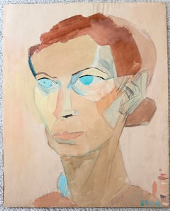 Portrait cubiste d'une femme aux yeux bleus – Peinture à la gouache du modernisme français