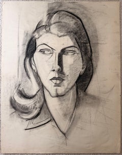 Cubist Lady Posed French Modernist Portrait Drawing 20th Century