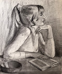 Elegant Woman Reading at a Table French Modernist Charcoal Portrait Drawing