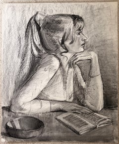 Elegant Woman Reading at a Table French Modernist Charcoal Portrait Drawing