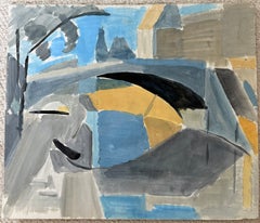 River Bridge City Buildings French 1950's Cubist Landscape Gouache Painting