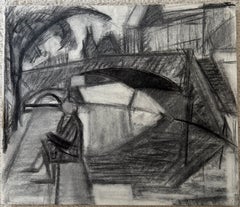 Figur am Ufer der Seine in Paris – französischer Kubismus der 1950er Jahre – Kohlezeichnung