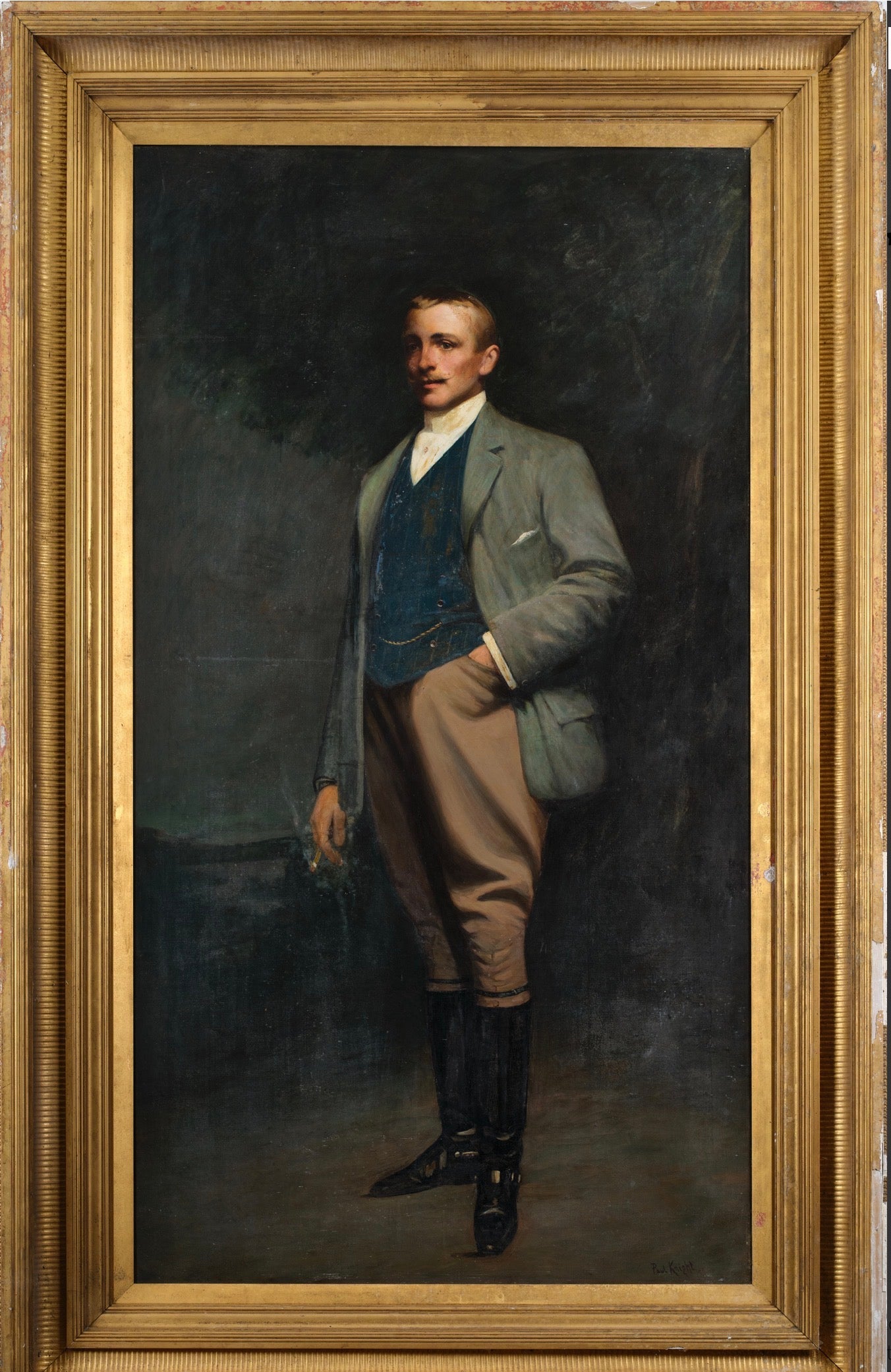 Paul Knight Figurative Painting - Enormous Portrait Elegant 1900's Gentleman in Riding Dress British Oil Painting