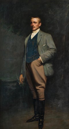 Enormous Portrait Elegant 1900's Gentleman in Riding Dress British Oil Painting