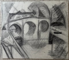 Arched Bridge over River French Black & White Cubist Pencil Landscape Drawing