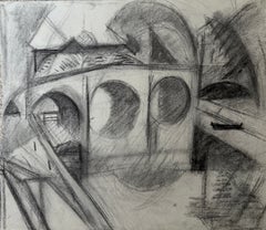 Arched Bridge over River French Black & White Cubist Pencil Landscape Drawing