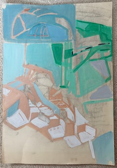 Abstract Interior in Turquoise & Green French 1950's Modernist Cubist Painting