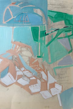 Abstract Interior in Turquoise & Green French 1950's Modernist Cubist Painting