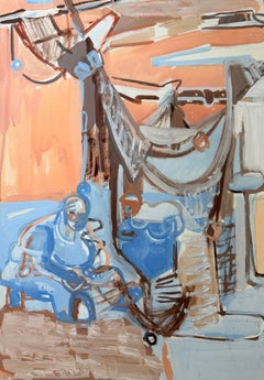 Figura cubista en un mercado abstracto: pintura modernista francesa al gouache de los años 50