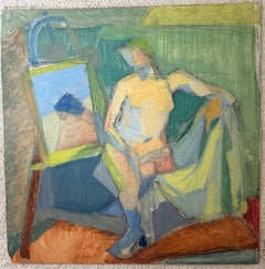 Seated Female Nude in an Bright Interior French Modernist Cubist Oil Painting