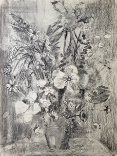 Black & White Still Life of Flowers French Modernist Charcoal & Pencil Drawing