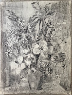 Black & White Still Life of Flowers French Modernist Charcoal & Pencil Drawing