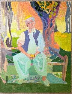 Homme marocain assis dans un jardin aux couleurs vives – Gouache moderniste française