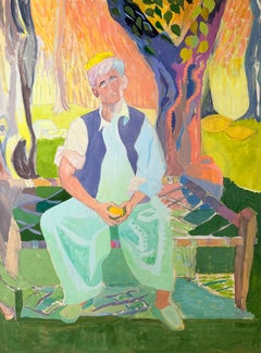 Homme marocain assis dans un jardin aux couleurs vives – Gouache moderniste française