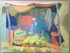 Moroccan Market Seller with Watermelons French Modernist 1950's Gouache Painting