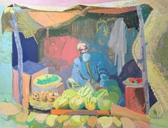 Moroccan Market Seller with Watermelons French Modernist 1950's Gouache Painting