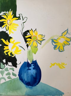 Tournesols dans un vase bleu : nature morte florale de style moderniste français, peinture à la gouache
