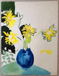 Tournesols dans un vase bleu : nature morte florale de style moderniste français, peinture à la gouache