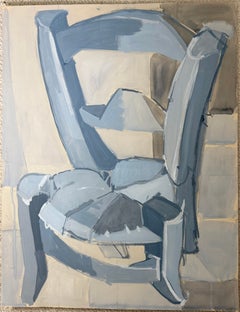 Pintura al gouache de los años 50: sillón azul, interior modernista francés de estilo cubista