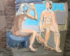 Deux nus féminins en train de bavarder – Peinture figurative moderniste française à la gouache et au crayon
