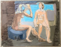 Deux nus féminins en train de bavarder – Peinture figurative moderniste française à la gouache et au crayon