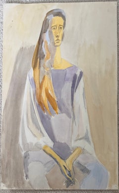 Femme assise aux cheveux longs, portrait moderniste français, gouache et crayon