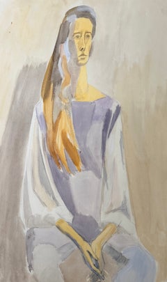 Femme assise aux cheveux longs, portrait moderniste français, gouache et crayon