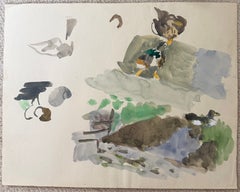 Ducks by a Pond French Modernist Animal Study Gouache 1950's Painting
