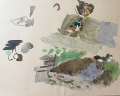 Ducks by a Pond French Modernist Animal Study Gouache 1950's Painting