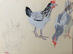 Light Sussex Chickens French Modernist Animal Study Gouache Painting