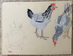Light Sussex Chickens French Modernist Animal Study Gouache Painting