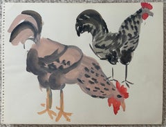Two Cockerels French Modernist Farmyard Animal Study Gouache Painting