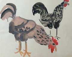 Two Cockerels French Modernist Farmyard Animal Study Gouache Painting