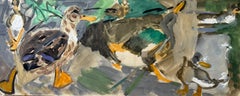 Mallard Ducks by the Water French Modernist Animal Study Gouache Painting