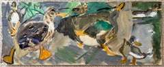 Mallard Ducks by the Water French Modernist Animal Study Gouache Painting