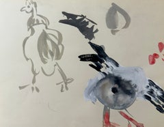 Pigeon Studies French Modernist Bird Study Gouache 1950's Painting