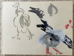 Pigeon Studies French Modernist Bird Study Gouache 1950's Painting