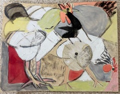 Farmyard Chickens French Modernist Cubist Animal Study Gouache Painting
