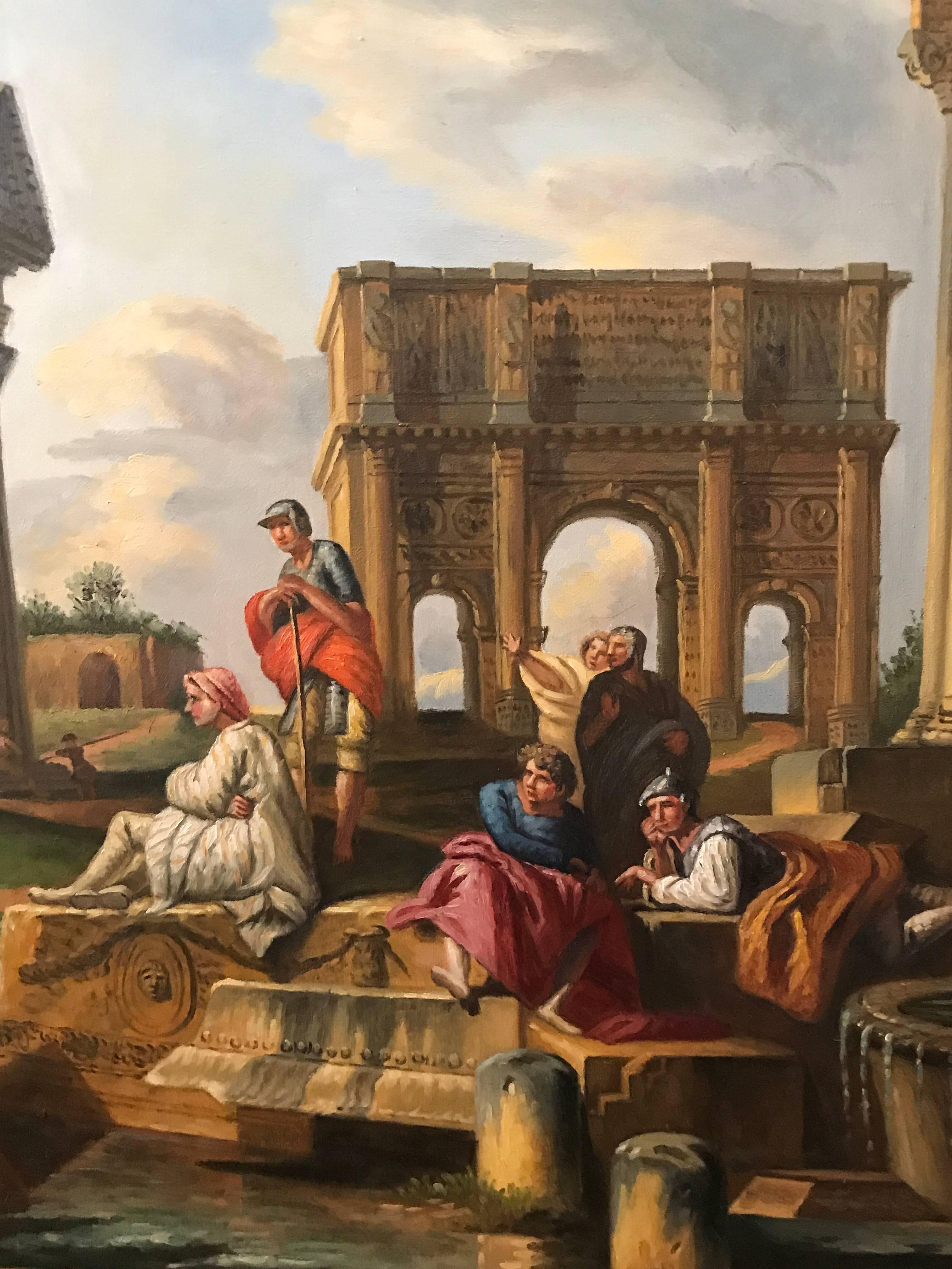 Enormous Italian Classical Roman Ruins Grand Tour Oil Painting - Brown Landscape Painting by (After) Giovanni Pannini