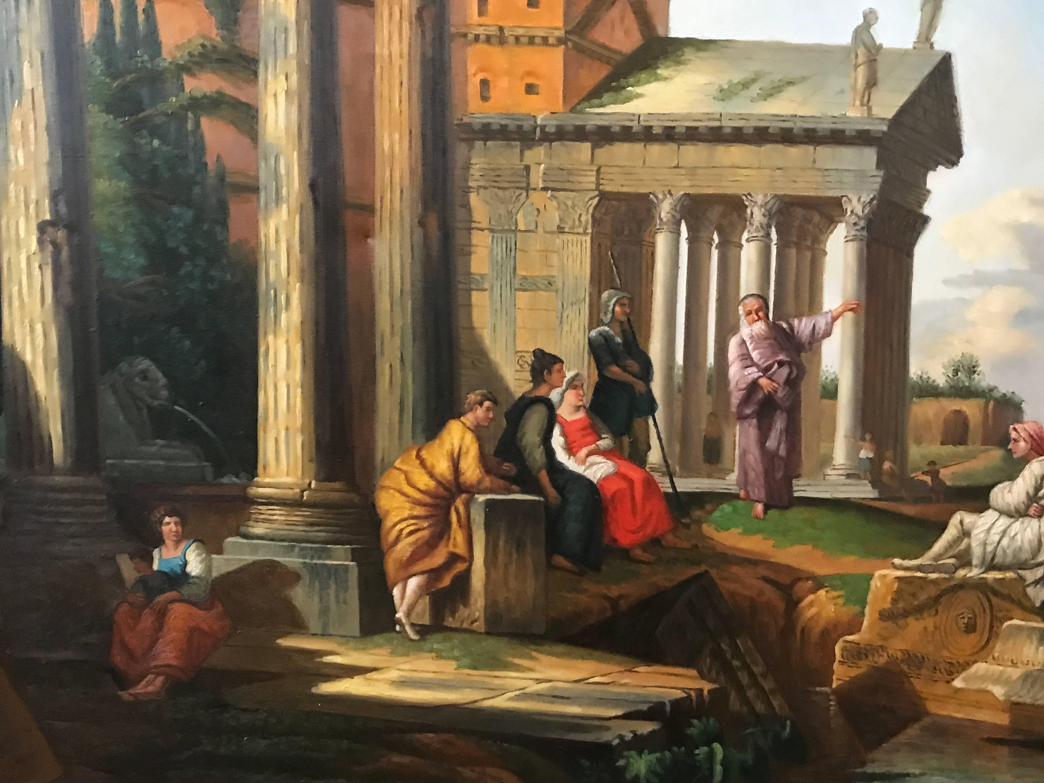 Absolutely stunning classical Roman architectural scene oil painting on canvas - painted on a huge exhibition scale. 

The painting depicts these ancient classical Roman ruins amidst an Arcadian landscape, with various figures seated amongst the