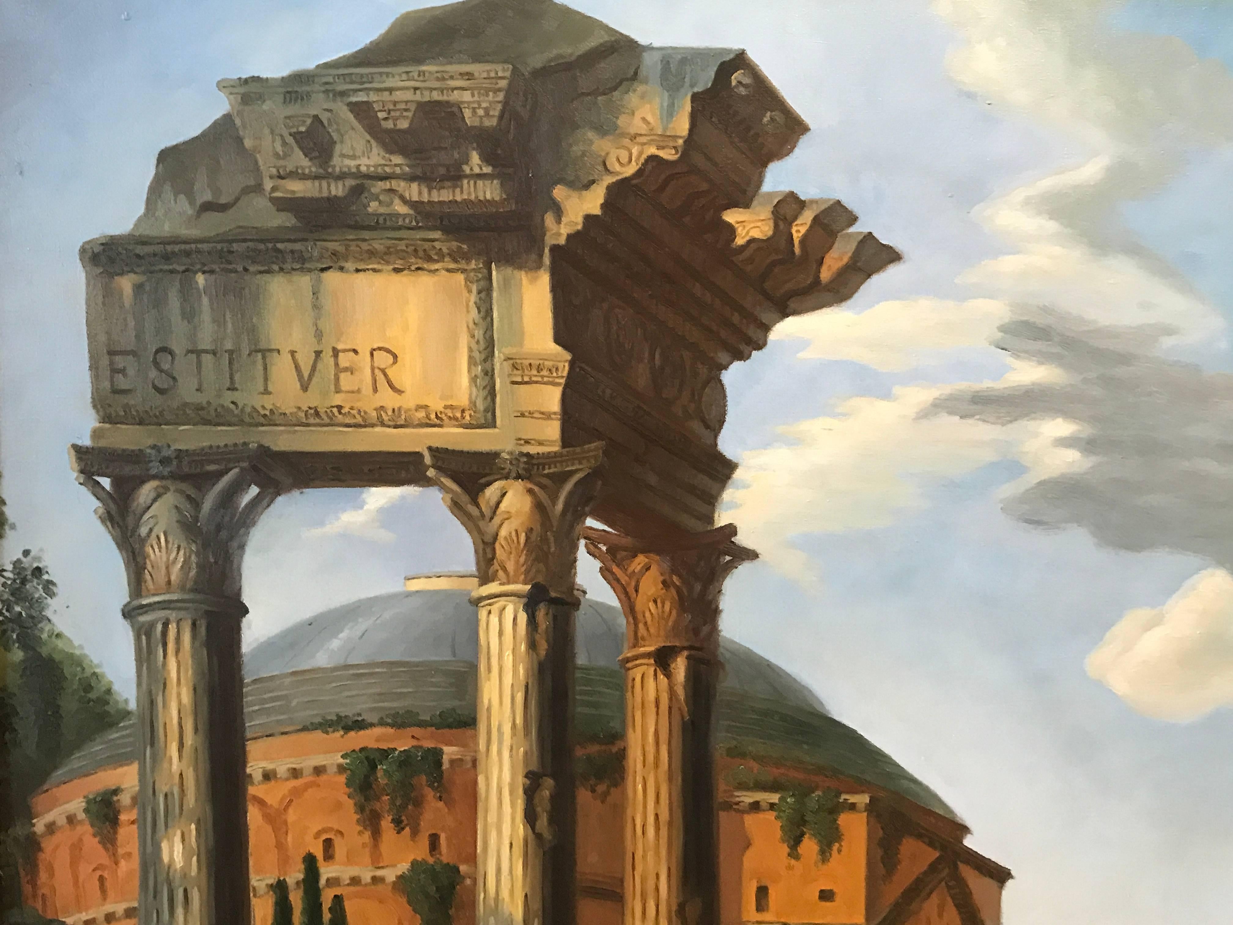 Enormous Italian Classical Roman Ruins Grand Tour Oil Painting 1